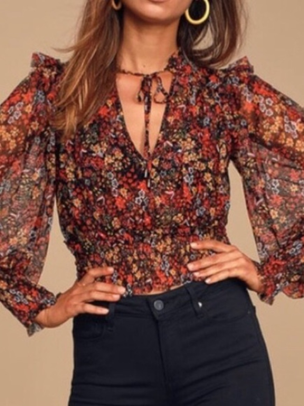 Free People Floral Smocked Peasant Top - Rust Multi
